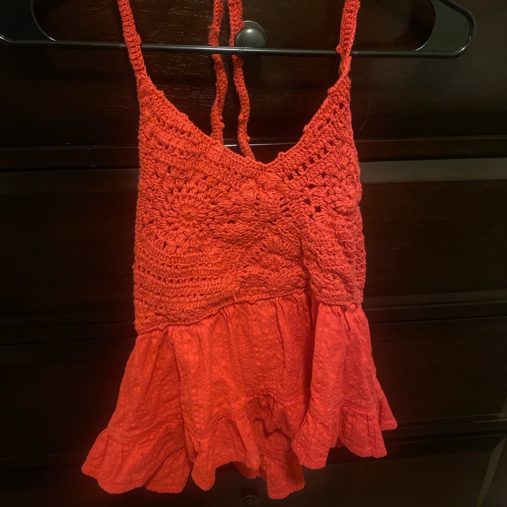 red peplum open back tie top